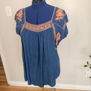 Raya Sun Embroidered Boho Peasant Top | Blue & Coral | Size XL